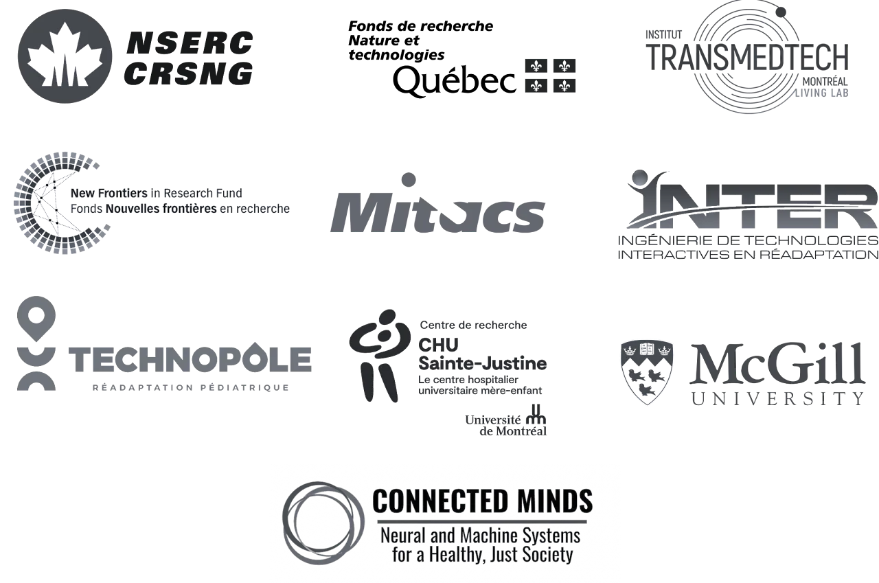 Partners and funders: NSERC, Fonds de recherche du Québec, TransMedTech Institute, New Frontiers in Research Fund, Mitacs, INTER, Technopole en réadaptation pédiatrique, CHU Sainte-Justine, McGill University, Connected Minds